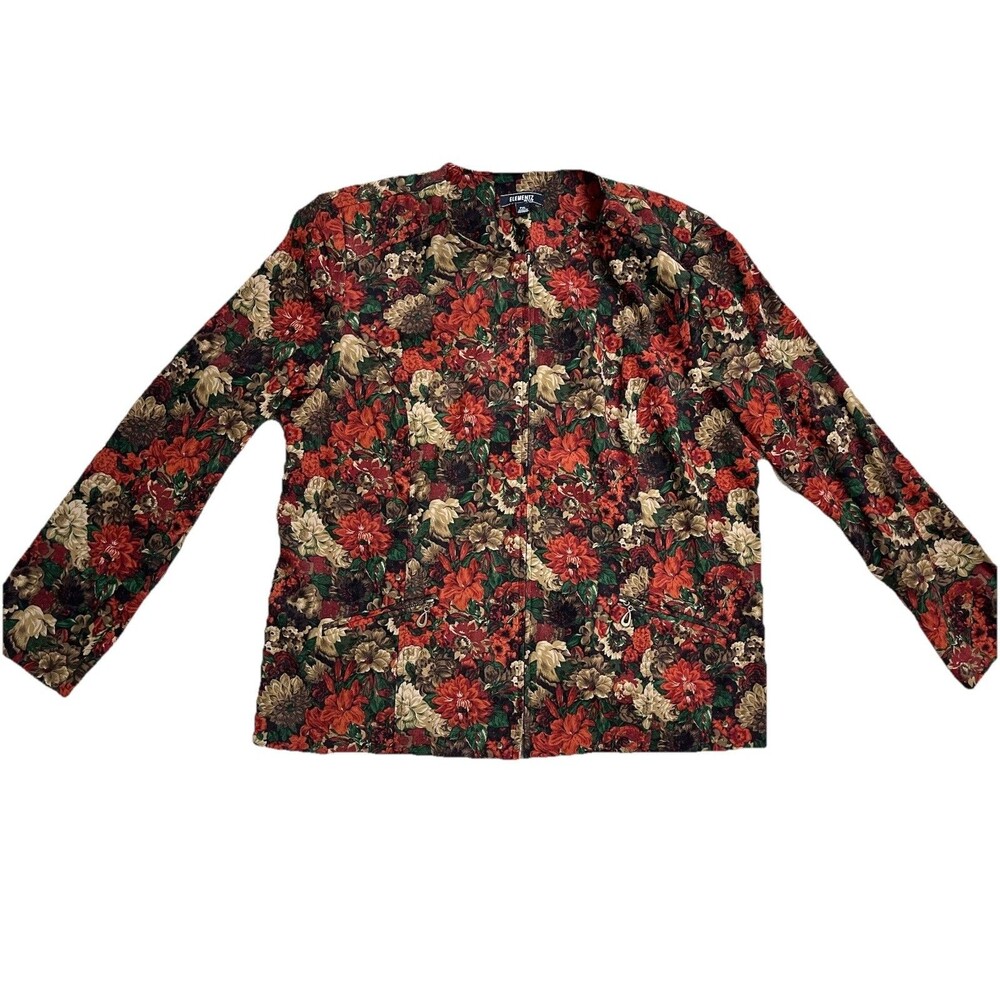 VTG Y2K Elementz Petite PXL Floral Jacquard Jacket Boho Fall Zip Front Pocket